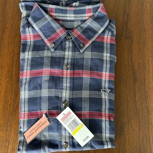 Vineyard Vines Classic Fit Cotton Plaid Shirt Navy Blue, Red, White Size M